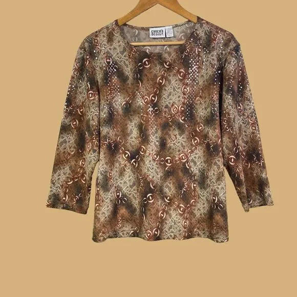 Vintage Chicos Blouse Size 3 Large Chicos BlouseShimmer Rusty Brown Red Cream - Picture 2 of 16